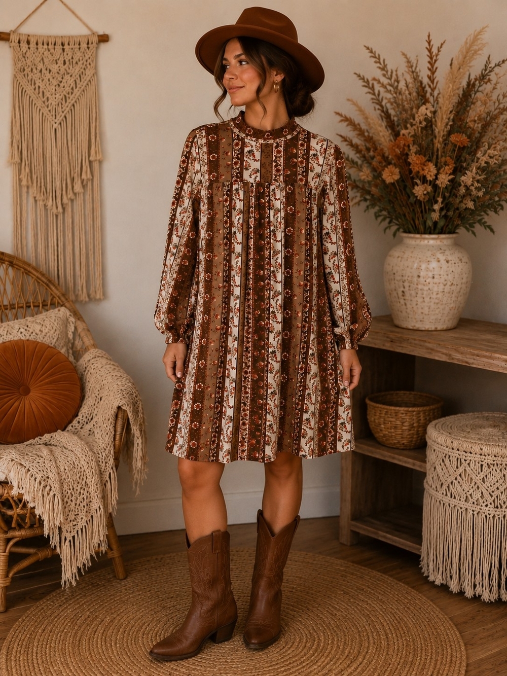 Impressions Rustic Brown Floral Stripe Midi Dress